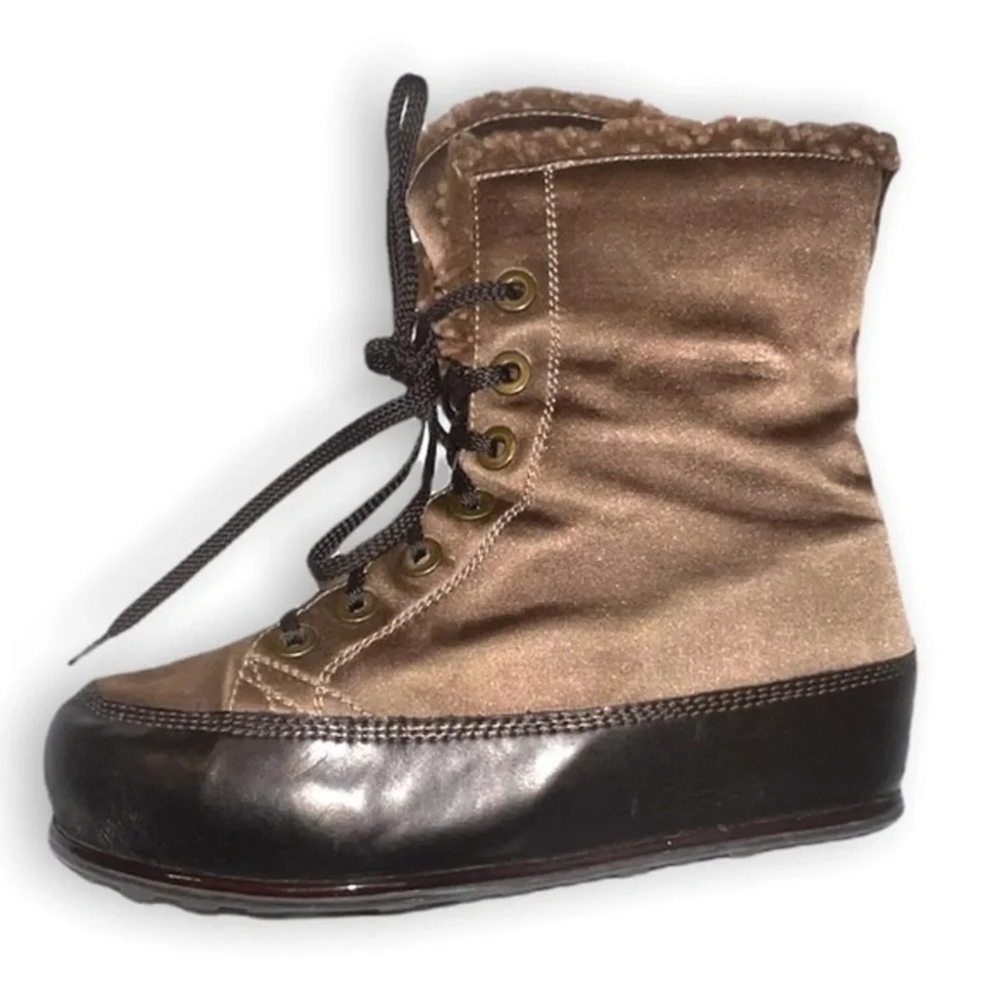 Stuart Weitzman Winter Boots Satin Tan Brown Platform Fur Lining Lace Up Size 6